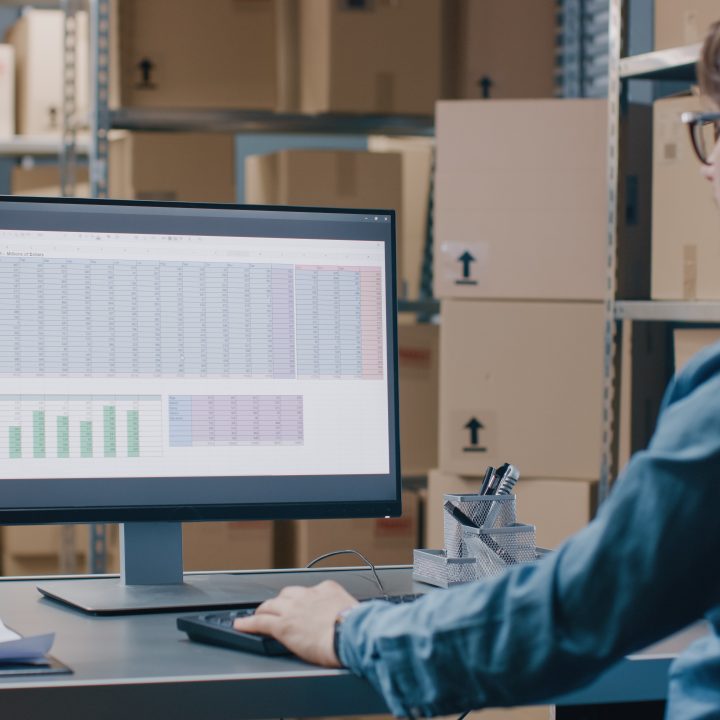 A logistics professional analyzing a complex spreadsheet and charts on a computer screen to monitor vendor lead time data.