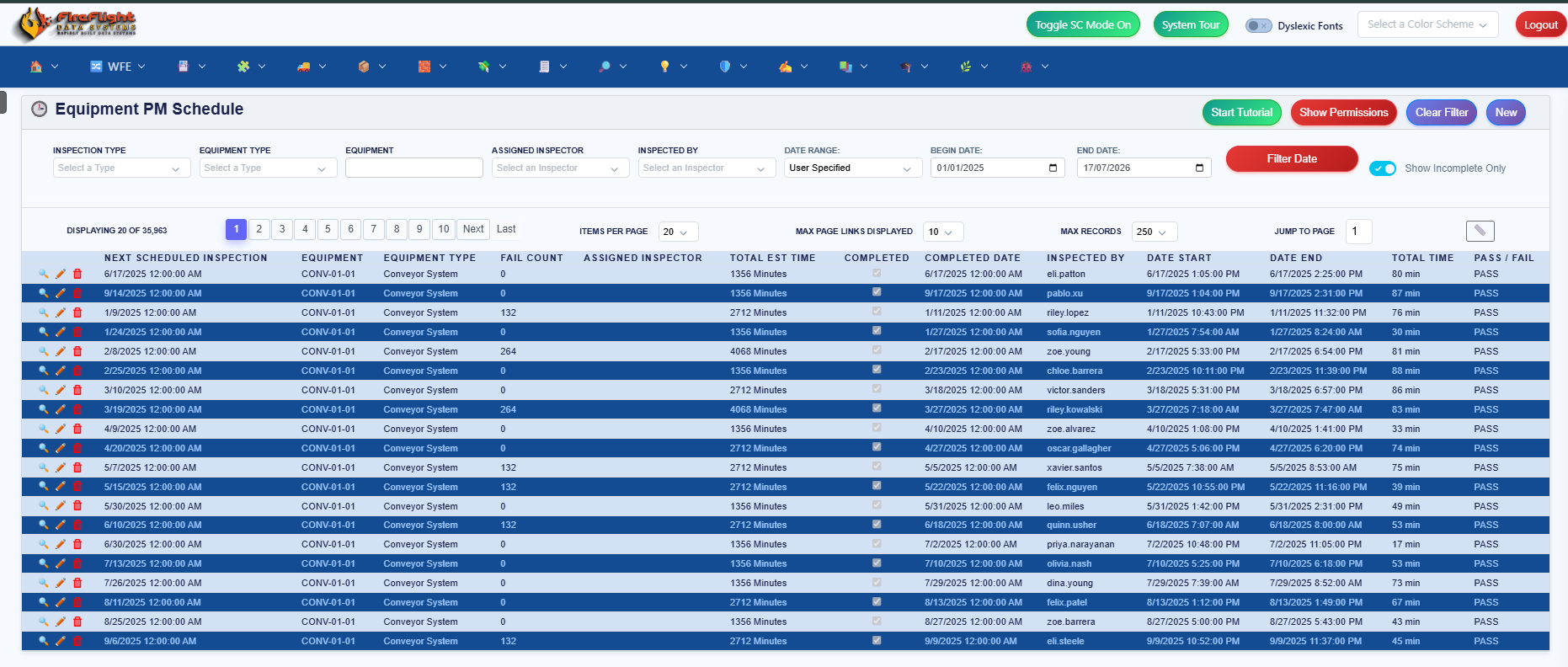 FireFlight Equipment PM Schedule showing thousands of completed preventive maintenance inspections with dates and pass results in one system