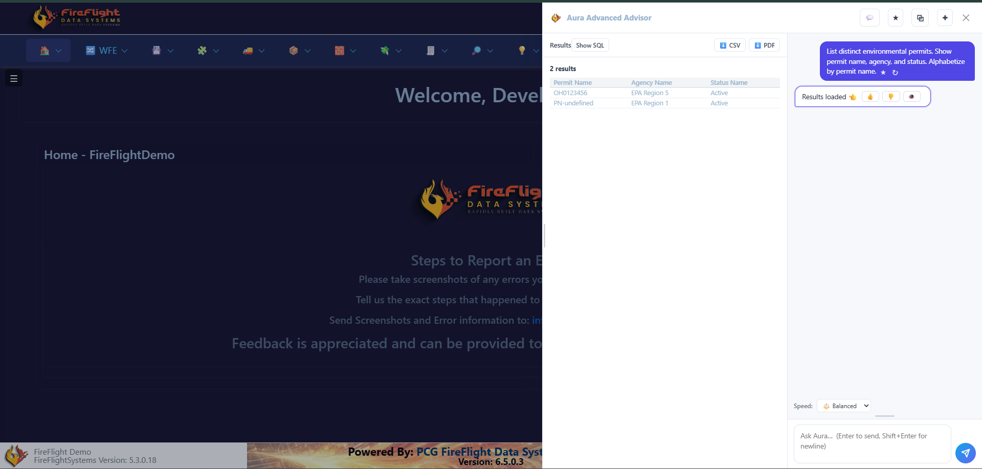 FireFlight AI advisor answering a plain-English question, listing permits and their renewal dates