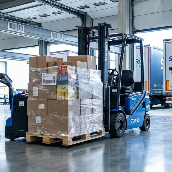 Warehouse logistics workers loading a wrapped pallet onto trucks, representing potential points for inter-warehouse stock transfer errors.