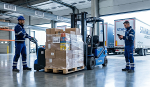 Warehouse logistics workers loading a wrapped pallet onto trucks, representing potential points for inter-warehouse stock transfer errors.