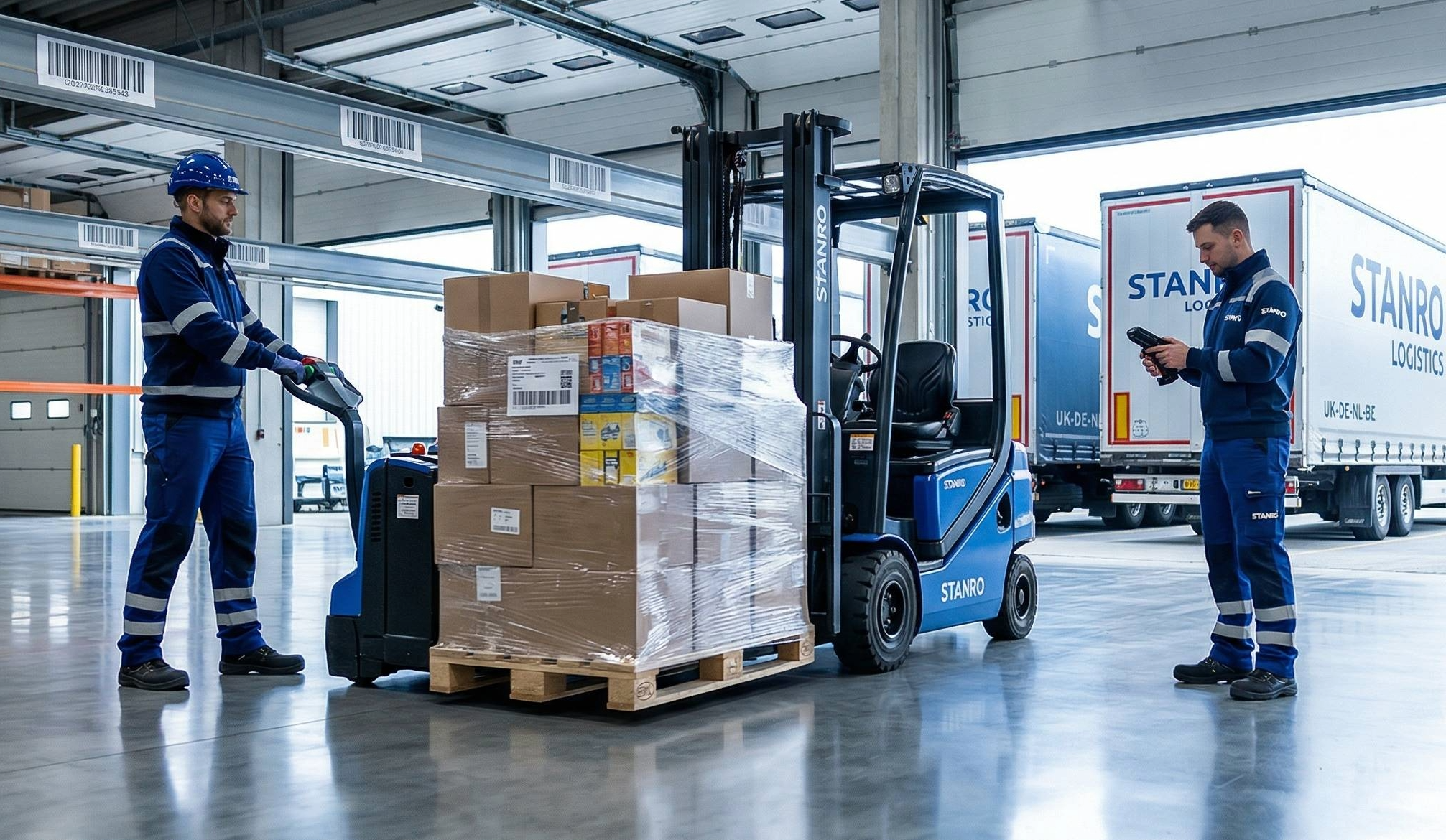 Warehouse logistics workers loading a wrapped pallet onto trucks, representing potential points for inter-warehouse stock transfer errors.