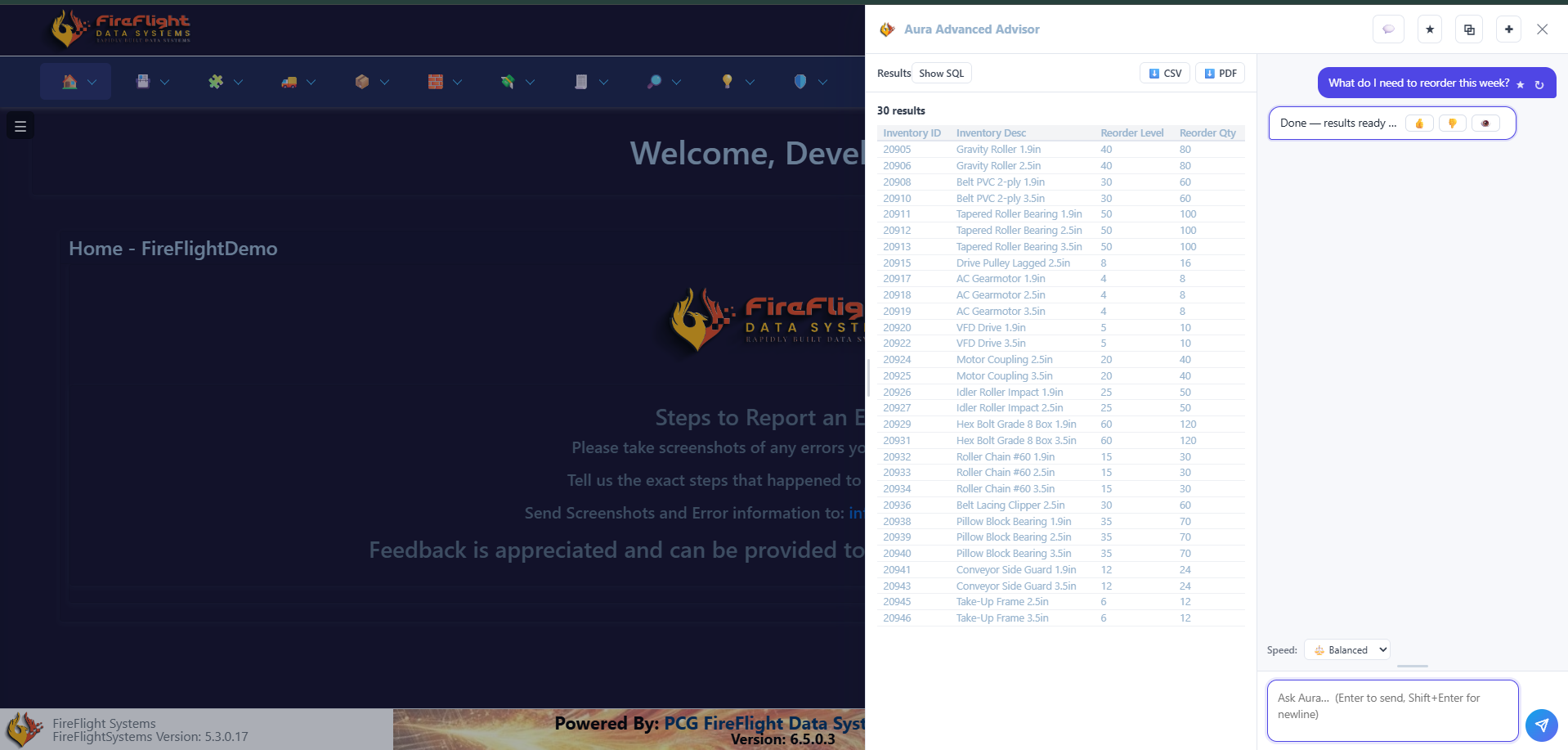 FireFlight AI advisor answering a plain-English question, listing the inventory to reorder this week with levels and quantities
