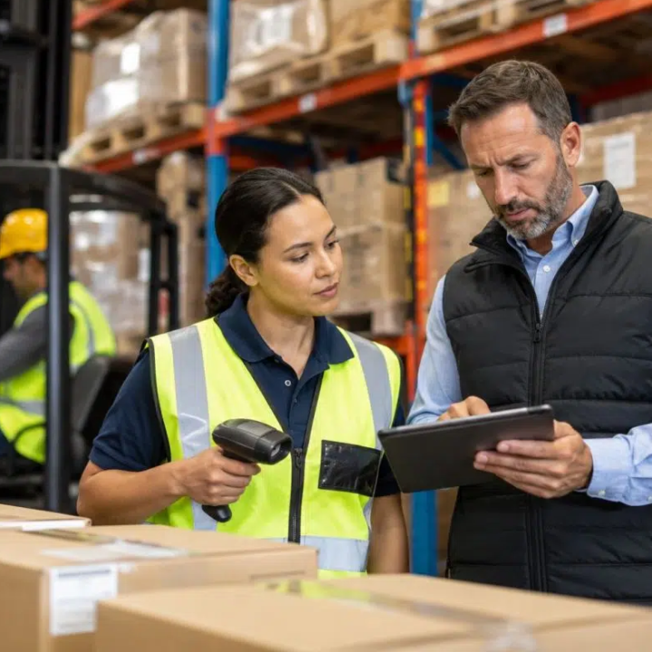 A warehouse manager and a female supervisor reviewing data on a tablet to fix inventory transit discrepancies during a stock move.